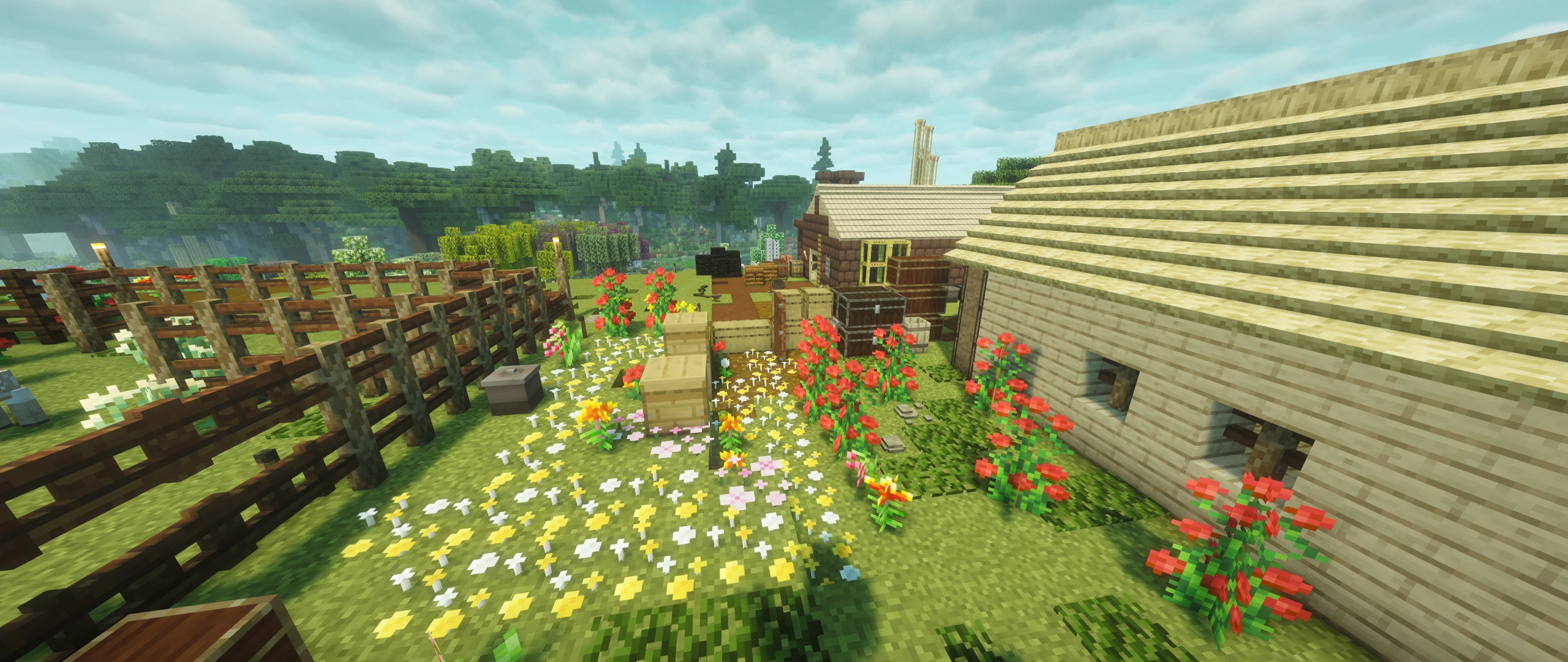 A pretty picture of beehives in the yard